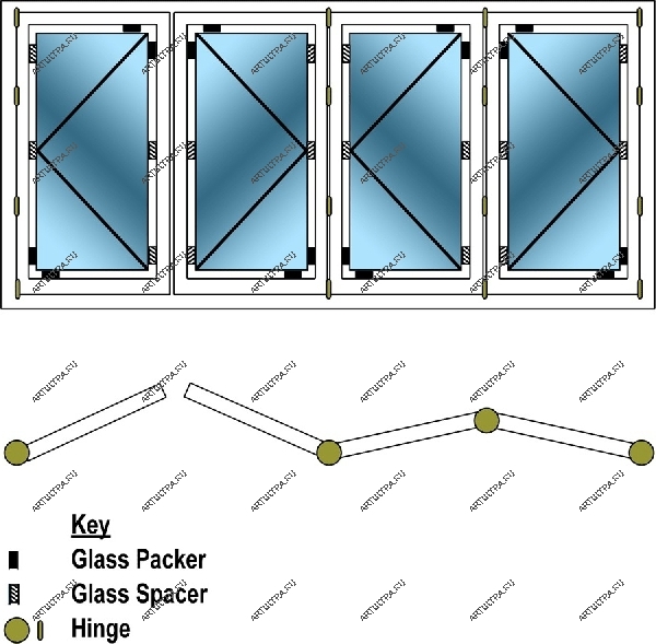  При установке складных стеклянных дверей особое внимание уделяют надежности подвижных соединений