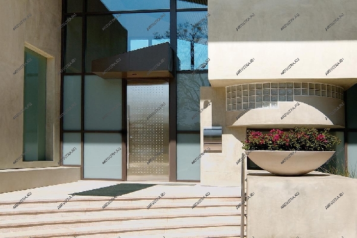 Элитные входные двери в жилой дом на фото выполнены из металла и стекла