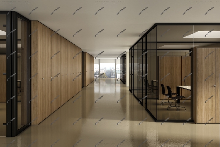 При планировании структуры офисной площади можно сочетать стеклянные и глухие офисные перегородки