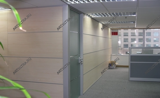 Как видно на фото, офисная перегородка из глухих панелей может быть дополнена стеклянной дверью