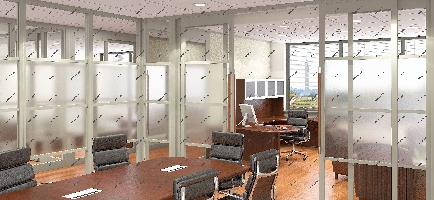 Матовое стекло в перегородках на фото обеспечивает комфортную обстановку в зале для совещаний