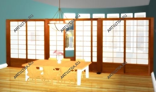 Деревянная мобильная перегородка может с успехом имитировать национальный японский элемент интерьера – фусума
