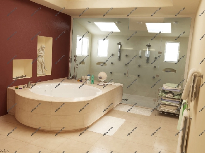 Стеклянные перегородки для душа идеально соответствуют современному антуражу ванной комнаты