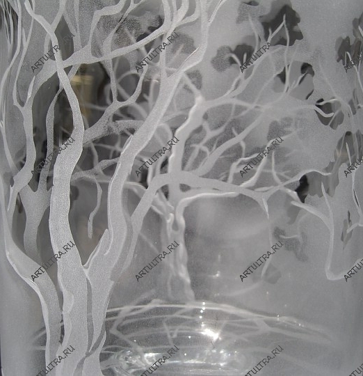Пескоструйный витраж на стекле - зимний лес
